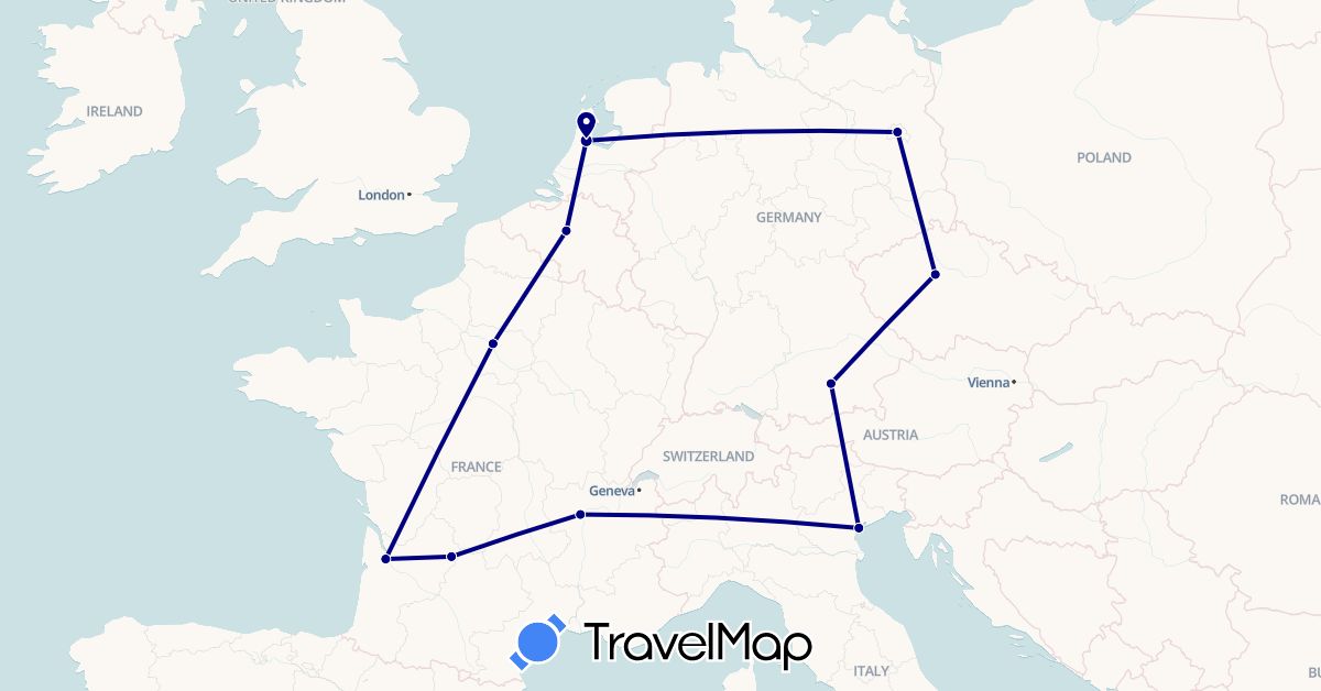 TravelMap itinerary: driving in Belgium, Czech Republic, Germany, France, Italy, Netherlands (Europe)